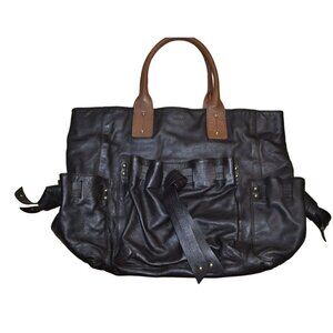 DKNY Large Black/Brown Leather Tote Bag W/Side Pockets/Adjustable Straps- LT3099